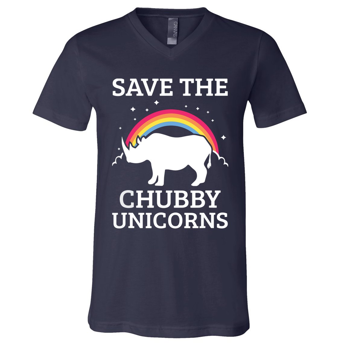 SAVE THE CHUBBY UNICORNS Gift Rhino Conservation Rainbow V-Neck T-Shirt