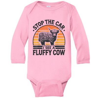 Stop The Car I See Fluffy Cow Retro Highland Cow Lover Funny Baby Long Sleeve Bodysuit