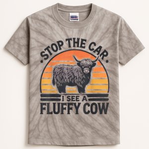 Stop The Car I See Fluffy Cow Retro Highland Cow Lover Funny Kids Tie-Dye T-Shirt