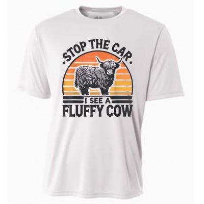 Stop The Car I See Fluffy Cow Retro Highland Cow Lover Funny Cooling Performance Crew T-Shirt