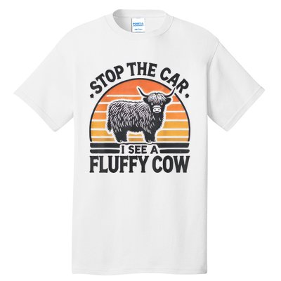 Stop The Car I See Fluffy Cow Retro Highland Cow Lover Funny Tall T-Shirt