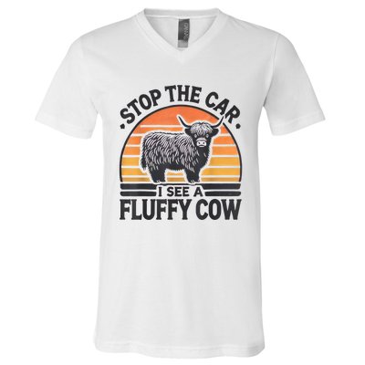 Stop The Car I See Fluffy Cow Retro Highland Cow Lover Funny V-Neck T-Shirt