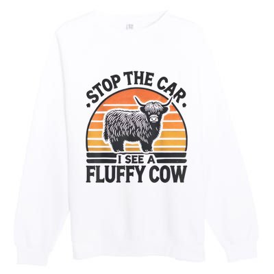 Stop The Car I See Fluffy Cow Retro Highland Cow Lover Funny Premium Crewneck Sweatshirt