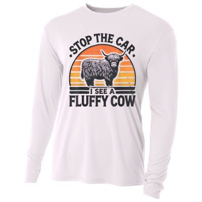 Stop The Car I See Fluffy Cow Retro Highland Cow Lover Funny Cooling Performance Long Sleeve Crew