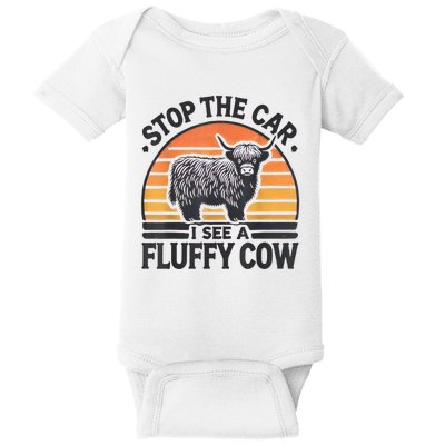 Stop The Car I See Fluffy Cow Retro Highland Cow Lover Funny Baby Bodysuit