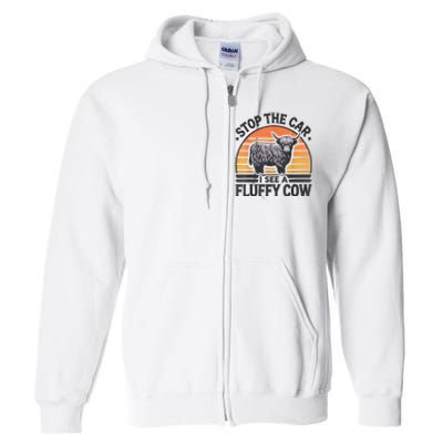 Stop The Car I See Fluffy Cow Retro Highland Cow Lover Funny Full Zip Hoodie