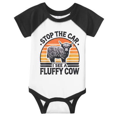 Stop The Car I See Fluffy Cow Retro Highland Cow Lover Funny Infant Baby Jersey Bodysuit