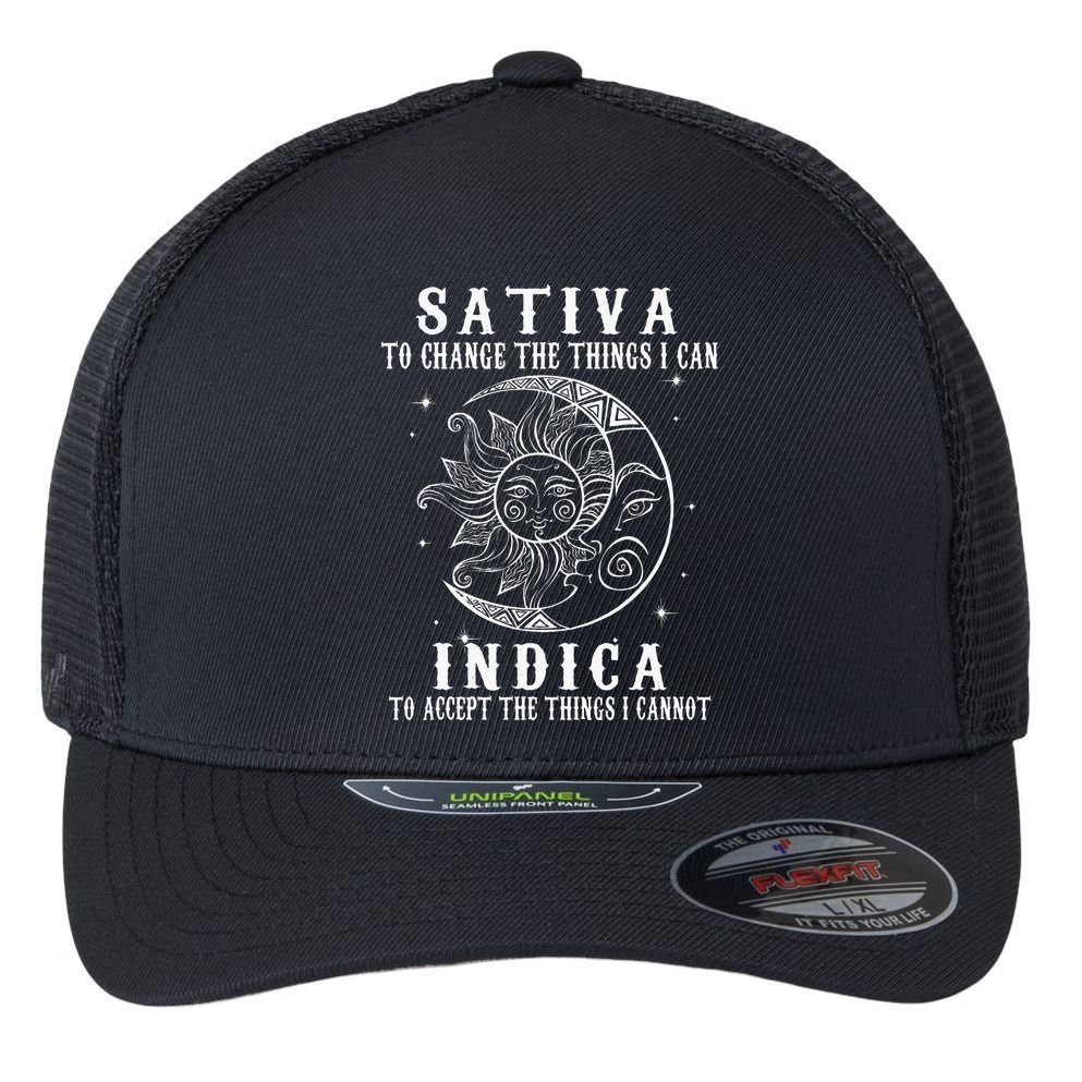 Sativa To Change The Things I Can Indica Cannabis Weed Flexfit Unipanel Trucker Cap