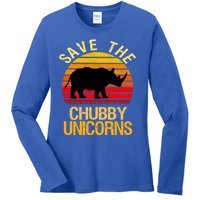 Save The Chubby Unicorns Retro Style Rhino Gift Ladies Long Sleeve Shirt