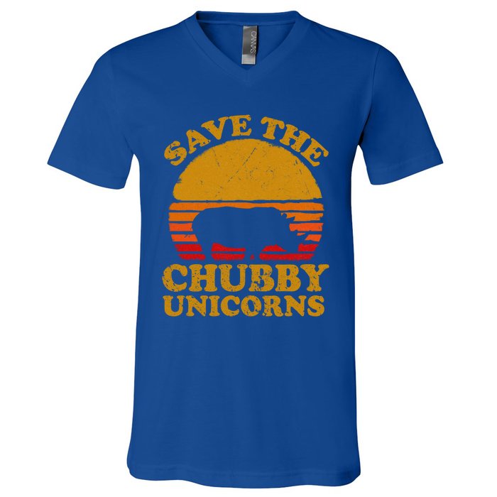 Save The Chubby Unicorns Retro Rhino Gift V-Neck T-Shirt