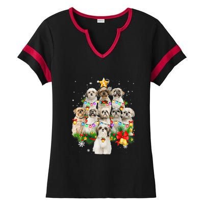 Shih Tzu Christmas Tree Lights Funny Xmas Pajamas Family Funny Gift Ladies Halftime Notch Neck Tee