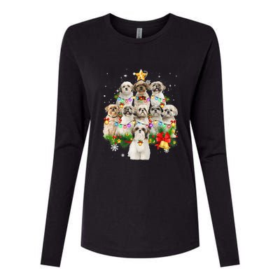 Shih Tzu Christmas Tree Lights Funny Xmas Pajamas Family Funny Gift Womens Cotton Relaxed Long Sleeve T-Shirt