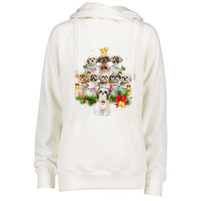 Shih Tzu Christmas Tree Lights Funny Xmas Pajamas Family Funny Gift Womens Funnel Neck Pullover Hood