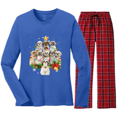 Shih Tzu Christmas Tree Lights Funny Xmas Pajamas Family Funny Gift Women's Long Sleeve Flannel Pajama Set 