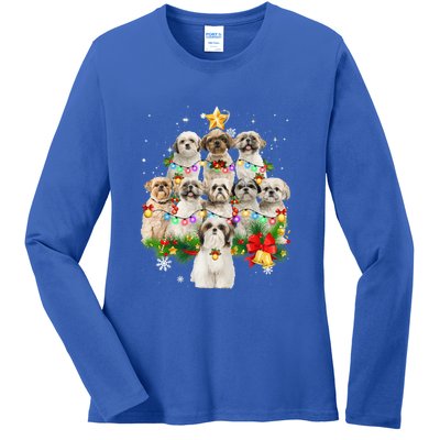 Shih Tzu Christmas Tree Lights Funny Xmas Pajamas Family Funny Gift Ladies Long Sleeve Shirt