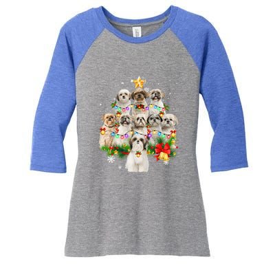 Shih Tzu Christmas Tree Lights Funny Xmas Pajamas Family Funny Gift Women's Tri-Blend 3/4-Sleeve Raglan Shirt