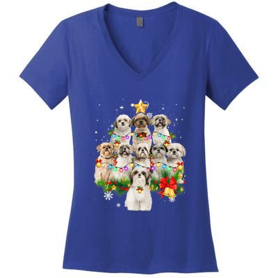 Shih Tzu Christmas Tree Lights Funny Xmas Pajamas Family Funny Gift Women's V-Neck T-Shirt