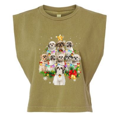 Shih Tzu Christmas Tree Lights Funny Xmas Pajamas Family Funny Gift Garment-Dyed Women's Muscle Tee