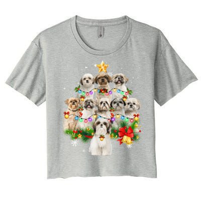 Shih Tzu Christmas Tree Lights Funny Xmas Pajamas Family Funny Gift Women's Crop Top Tee