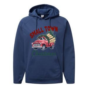 Small Town Christmas Holiday Red Truck Christmas Tree Performance Fleece Hoodie