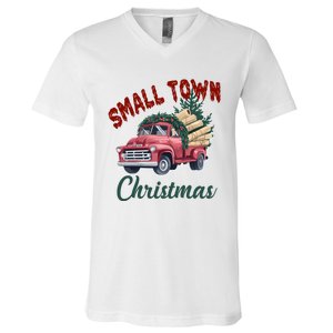 Small Town Christmas Holiday Red Truck Christmas Tree V-Neck T-Shirt