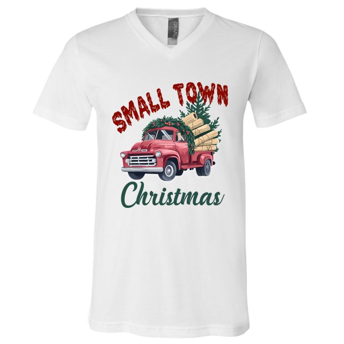 Small Town Christmas Holiday Red Truck Christmas Tree V-Neck T-Shirt