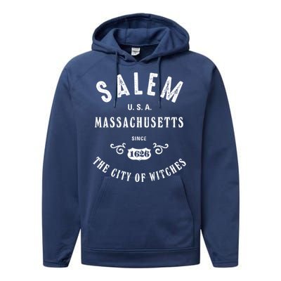 Salem The City Of Witches Massachusetts Vintage Gift Performance Fleece Hoodie