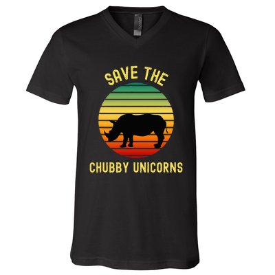 Save The Chubby Unicorns Rhino Funny Retro Rhino V-Neck T-Shirt