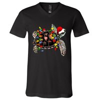 Sea Turtle Christmas Lights Funny Santa Hat Merry Christmas V-Neck T-Shirt