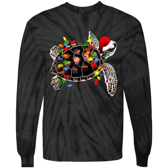 Sea Turtle Christmas Lights Funny Santa Hat Merry Christmas Tie-Dye Long Sleeve Shirt