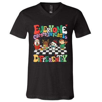 Speech Therapy Christmas Everyone Communicates Differently V-Neck T-Shirt