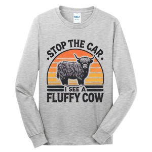 Stop The Car I See Fluffy Cow Retro Highland Cow Lover Tall Long Sleeve T-Shirt