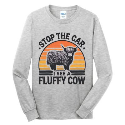 Stop The Car I See Fluffy Cow Retro Highland Cow Lover Tall Long Sleeve T-Shirt