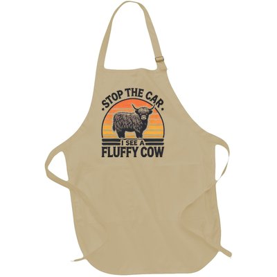 Stop The Car I See Fluffy Cow Retro Highland Cow Lover Full-Length Apron With Pockets