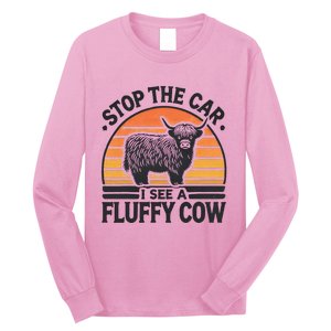 Stop The Car I See Fluffy Cow Retro Highland Cow Lover Long Sleeve Shirt