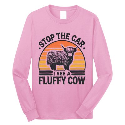 Stop The Car I See Fluffy Cow Retro Highland Cow Lover Long Sleeve Shirt