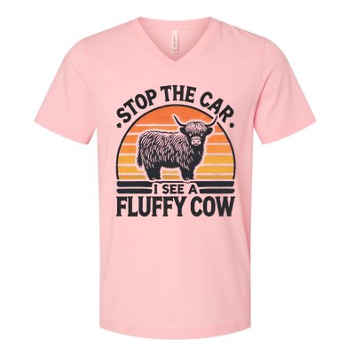 Stop The Car I See Fluffy Cow Retro Highland Cow Lover V-Neck T-Shirt