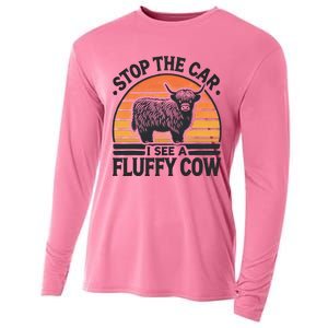 Stop The Car I See Fluffy Cow Retro Highland Cow Lover Cooling Performance Long Sleeve Crew