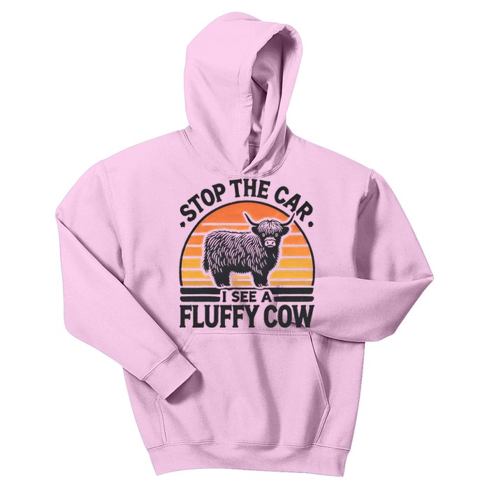 Stop The Car I See Fluffy Cow Retro Highland Cow Lover Kids Hoodie