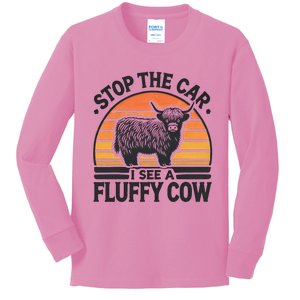 Stop The Car I See Fluffy Cow Retro Highland Cow Lover Kids Long Sleeve Shirt