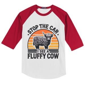 Stop The Car I See Fluffy Cow Retro Highland Cow Lover Kids Colorblock Raglan Jersey