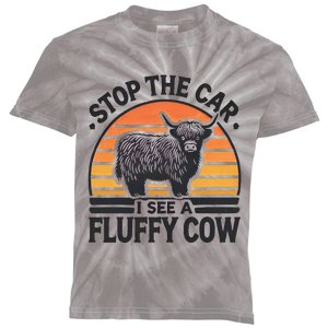 Stop The Car I See Fluffy Cow Retro Highland Cow Lover Kids Tie-Dye T-Shirt