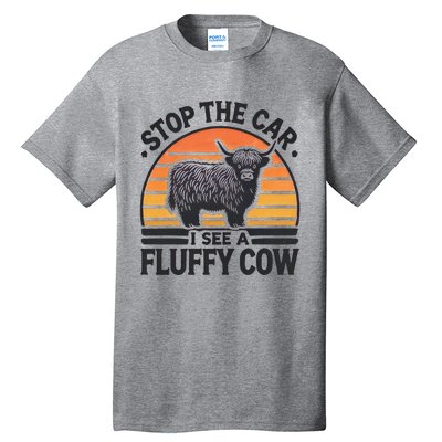 Stop The Car I See Fluffy Cow Retro Highland Cow Lover Tall T-Shirt