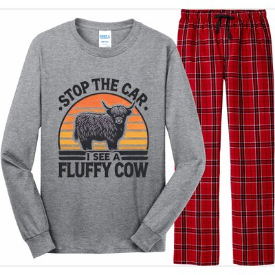 Stop The Car I See Fluffy Cow Retro Highland Cow Lover Long Sleeve Pajama Set