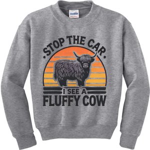 Stop The Car I See Fluffy Cow Retro Highland Cow Lover Kids Sweatshirt