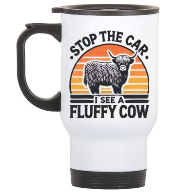 Stop The Car I See Fluffy Cow Retro Highland Cow Lover Stainless Steel Travel Mug