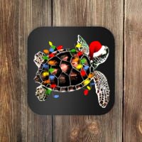 Sea Turtle Christmas Lights Funny Santa Hat Merry Christmas Coaster