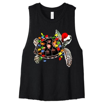 Sea Turtle Christmas Lights Funny Santa Hat Merry Christmas Women's Racerback Cropped Tank