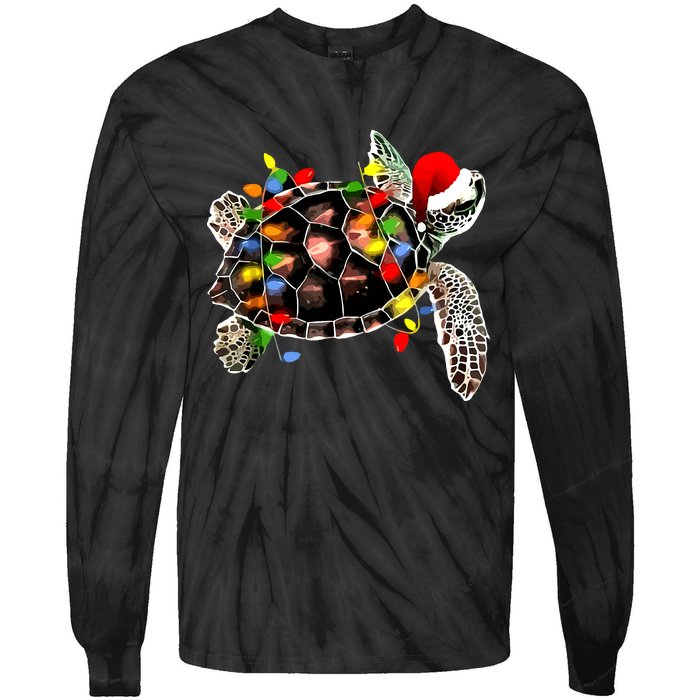 Sea Turtle Christmas Lights Funny Santa Hat Merry Christmas Tie-Dye Long Sleeve Shirt