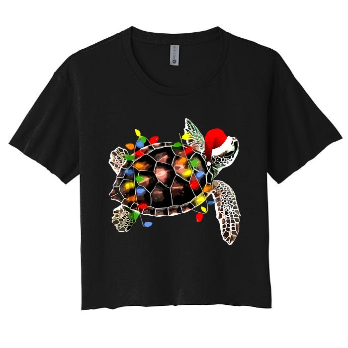 Sea Turtle Christmas Lights Funny Santa Hat Merry Christmas Women's Crop Top Tee